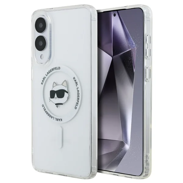 Karl Lagerfeld Button Choupette Pea Trükitud Logo MagSafe kaitse Samsung Galaxy S25 Edge valge