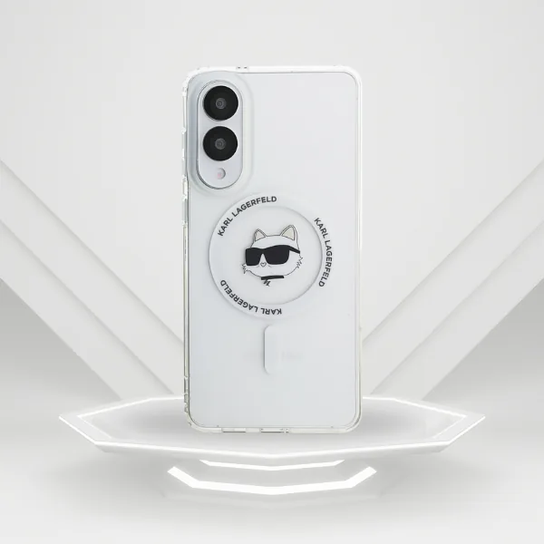 Karl Lagerfeld Button Choupette Pea Trükitud Logo MagSafe kaitse Samsung Galaxy S25 Edge valge