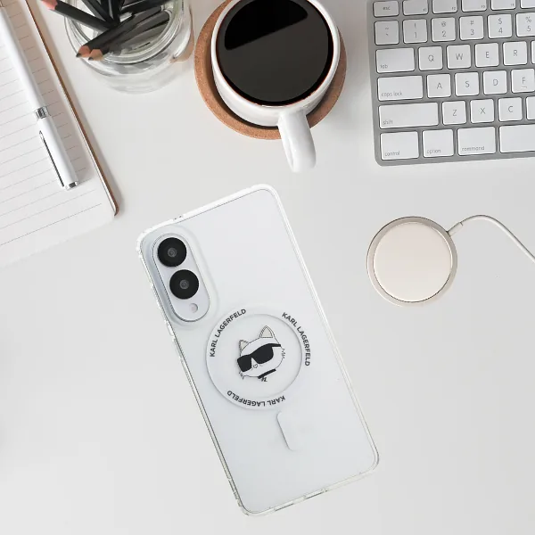 Karl Lagerfeld Button Choupette Pea Trükitud Logo MagSafe kaitse Samsung Galaxy S25 Edge valge