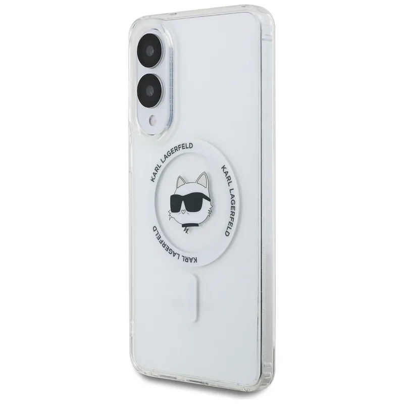 Karl Lagerfeld Button Choupette Pea Trükitud Logo MagSafe kaitse Samsung Galaxy S25 Edge valge