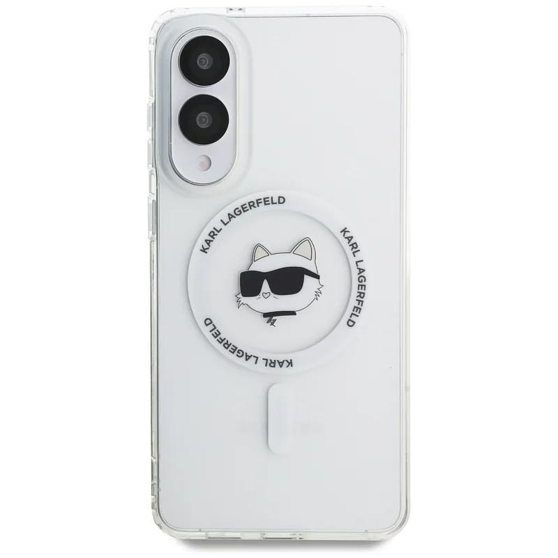 Karl Lagerfeld Button Choupette Pea Trükitud Logo MagSafe kaitse Samsung Galaxy S25 Edge valge