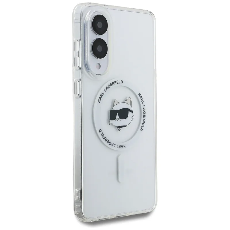 Karl Lagerfeld Button Choupette Pea Trükitud Logo MagSafe kaitse Samsung Galaxy S25 Edge valge