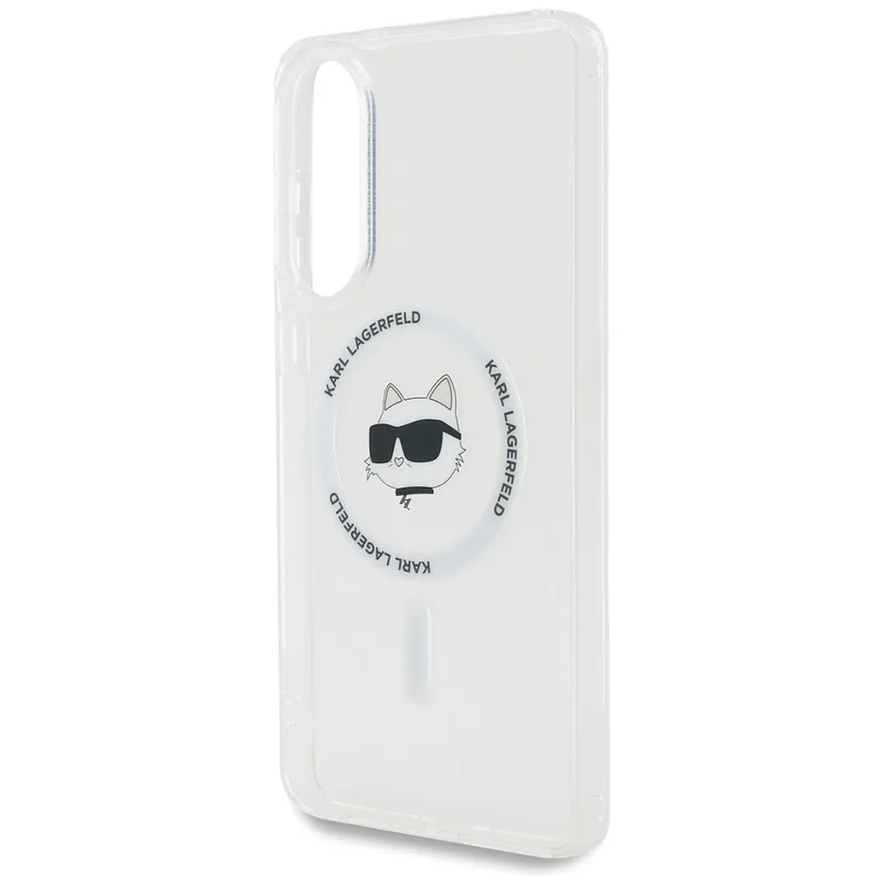 Karl Lagerfeld Button Choupette Pea Trükitud Logo MagSafe kaitse Samsung Galaxy S25 Edge valge