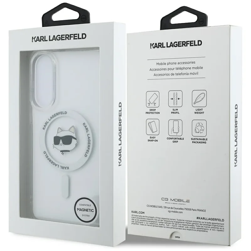 Karl Lagerfeld Button Choupette Pea Trükitud Logo MagSafe kaitse Samsung Galaxy S25 Edge valge