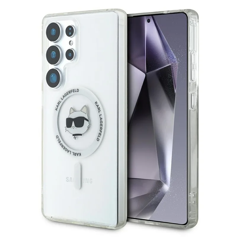 Karl Lagerfeld Button Choupette Pea Trükitud Logo MagSafe Samsung Galaxy S25 Ultra valge ümbris