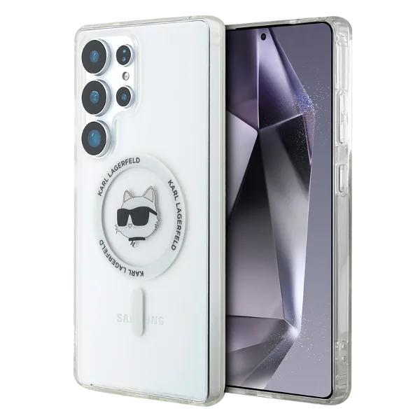 Karl Lagerfeld Button Choupette Pea Trükitud Logo MagSafe Samsung Galaxy S25 Ultra valge ümbris