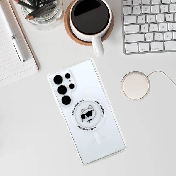 Karl Lagerfeld Button Choupette Pea Trükitud Logo MagSafe Samsung Galaxy S25 Ultra valge ümbris