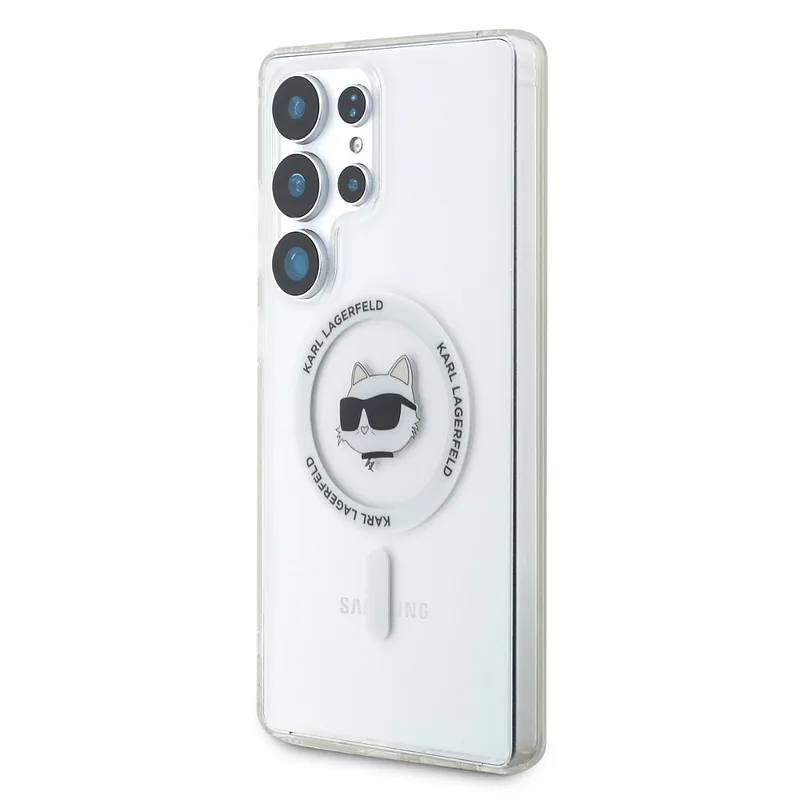 Karl Lagerfeld Button Choupette Pea Trükitud Logo MagSafe Samsung Galaxy S25 Ultra valge ümbris