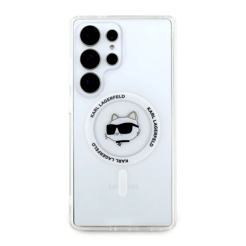 Karl Lagerfeld Button Choupette Pea Trükitud Logo MagSafe Samsung Galaxy S25 Ultra valge ümbris
