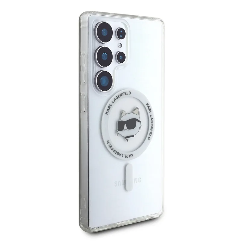Karl Lagerfeld Button Choupette Pea Trükitud Logo MagSafe Samsung Galaxy S25 Ultra valge ümbris