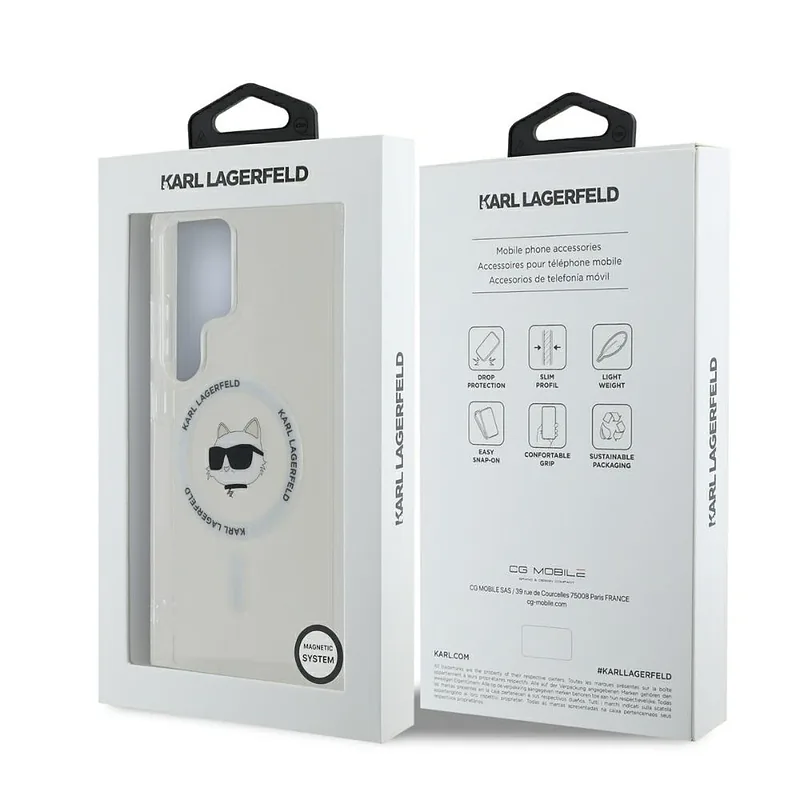 Karl Lagerfeld Button Choupette Pea Trükitud Logo MagSafe Samsung Galaxy S25 Ultra valge ümbris