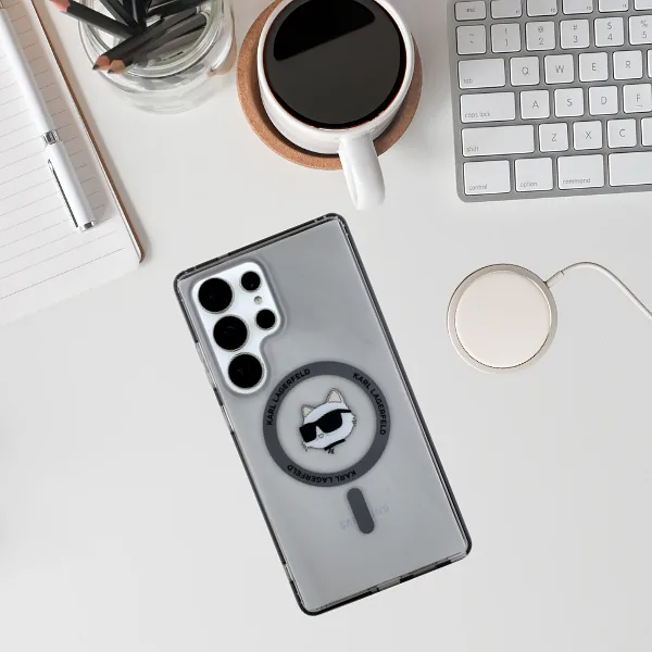 Karl Lagerfeld Button Choupette Pea Trükitud Logo MagSafe Samsung Galaxy S25 Ultra must ümbris