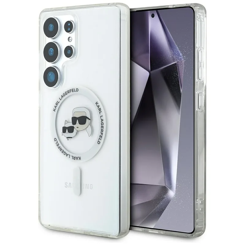 Karl Lagerfeldi nupp Karl & Choupette peadega trükitud logo MagSafe Samsung Galaxy S25 Ultra valge kaitseümbris