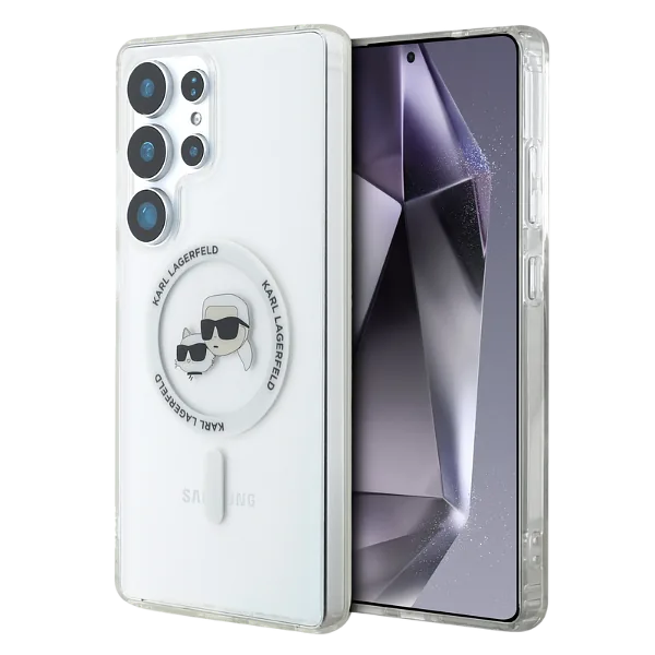 Karl Lagerfeldi nupp Karl & Choupette peadega trükitud logo MagSafe Samsung Galaxy S25 Ultra valge kaitseümbris
