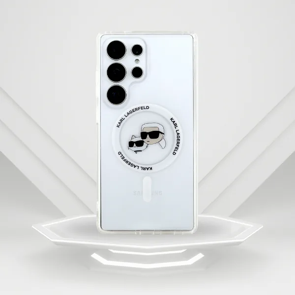 Karl Lagerfeldi nupp Karl & Choupette peadega trükitud logo MagSafe Samsung Galaxy S25 Ultra valge kaitseümbris