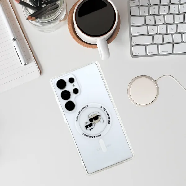 Karl Lagerfeldi nupp Karl & Choupette peadega trükitud logo MagSafe Samsung Galaxy S25 Ultra valge kaitseümbris