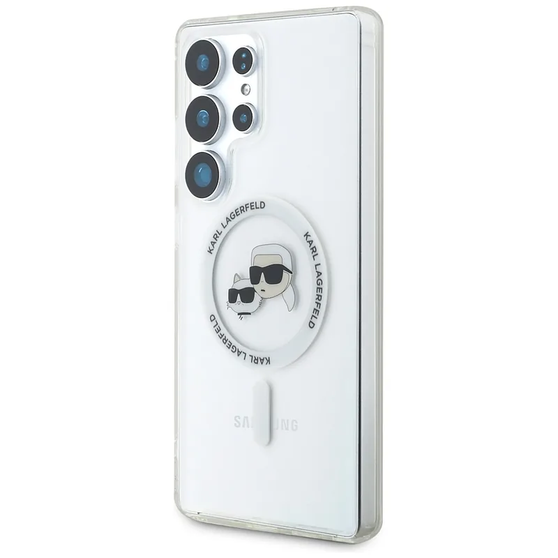 Karl Lagerfeldi nupp Karl & Choupette peadega trükitud logo MagSafe Samsung Galaxy S25 Ultra valge kaitseümbris