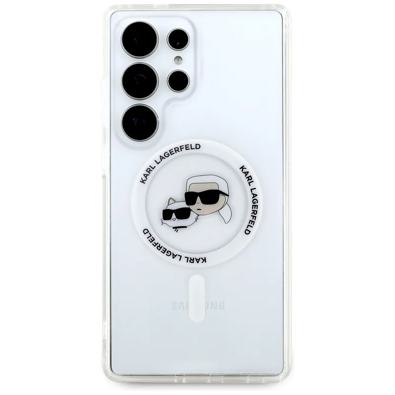 Karl Lagerfeldi nupp Karl & Choupette peadega trükitud logo MagSafe Samsung Galaxy S25 Ultra valge kaitseümbris