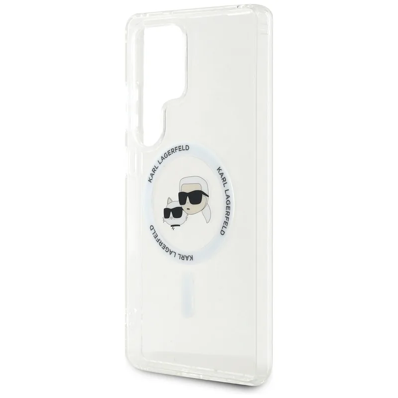 Karl Lagerfeldi nupp Karl & Choupette peadega trükitud logo MagSafe Samsung Galaxy S25 Ultra valge kaitseümbris