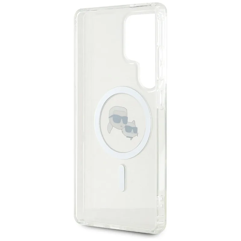 Karl Lagerfeldi nupp Karl & Choupette peadega trükitud logo MagSafe Samsung Galaxy S25 Ultra valge kaitseümbris