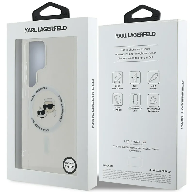 Karl Lagerfeldi nupp Karl & Choupette peadega trükitud logo MagSafe Samsung Galaxy S25 Ultra valge kaitseümbris