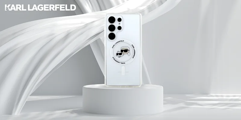 Karl Lagerfeldi nupp Karl & Choupette peadega trükitud logo MagSafe Samsung Galaxy S25 Ultra valge kaitseümbris