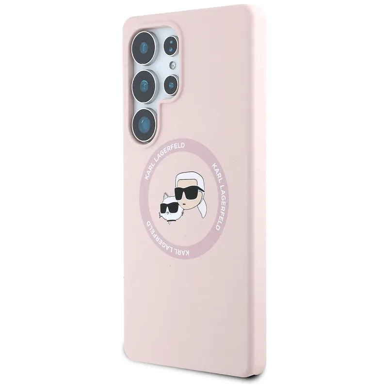 Karl Lagerfeldi silikoonist kahekordse peaga ja ringikujuline MagSafe ümbris Samsung Galaxy S25 Ultra roosa