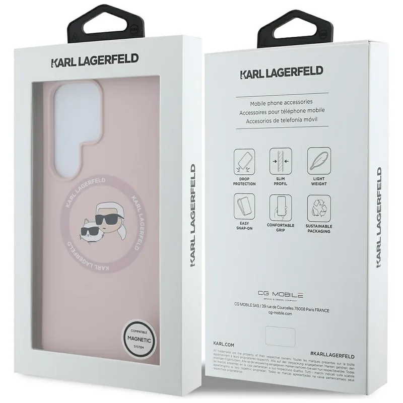 Karl Lagerfeldi silikoonist kahekordse peaga ja ringikujuline MagSafe ümbris Samsung Galaxy S25 Ultra roosa