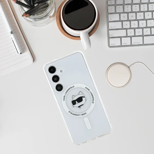 Karl Lagerfeldi ümbris Button Choupette pea trükitud logoga MagSafe Samsung Galaxy S25 valge