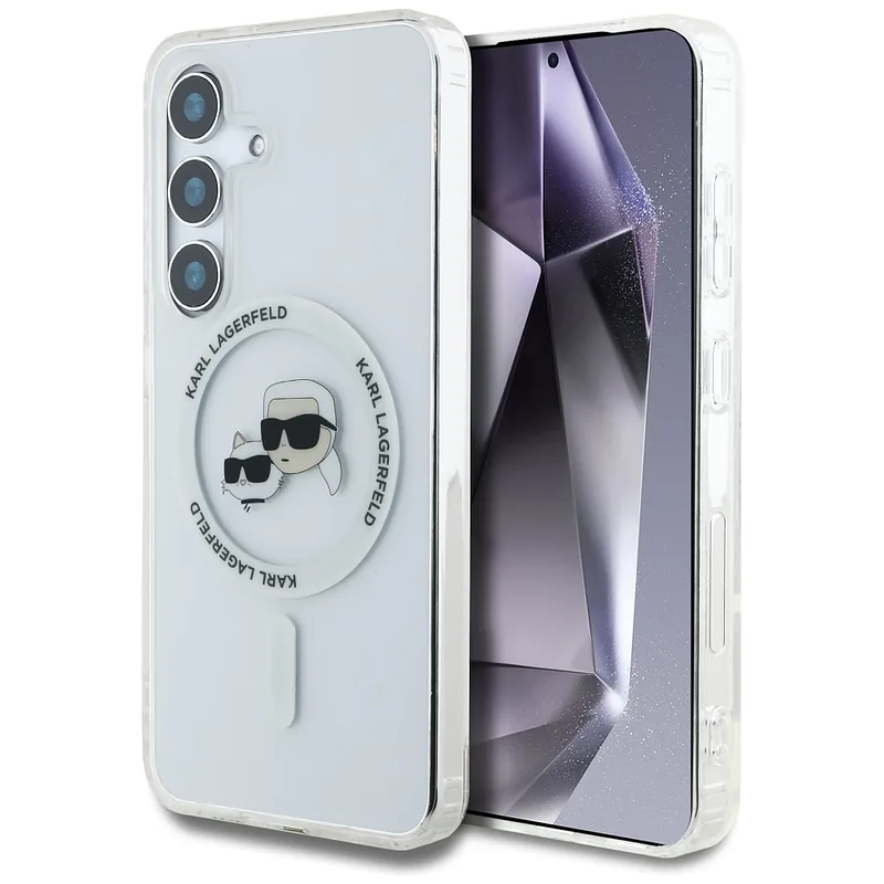 Karl Lagerfeldi ümbris Button Karl & Choupette peadega trükitud logo MagSafe Samsung Galaxy S25 valge