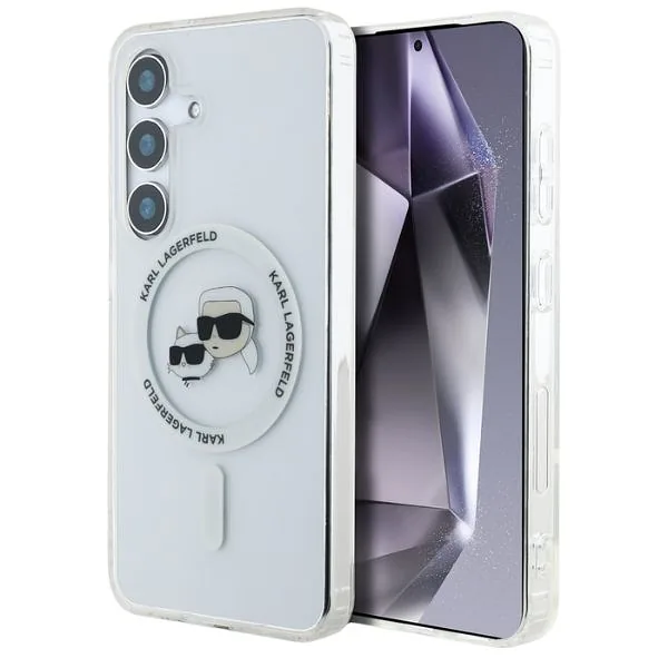 Karl Lagerfeldi ümbris Button Karl & Choupette peadega trükitud logo MagSafe Samsung Galaxy S25 valge