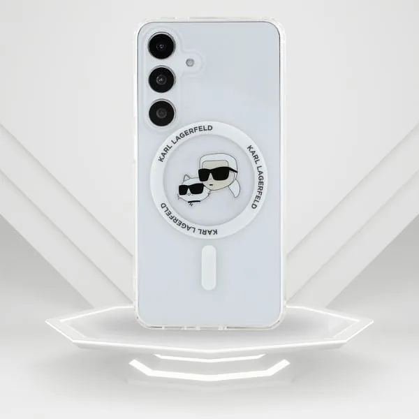 Karl Lagerfeldi ümbris Button Karl & Choupette peadega trükitud logo MagSafe Samsung Galaxy S25 valge