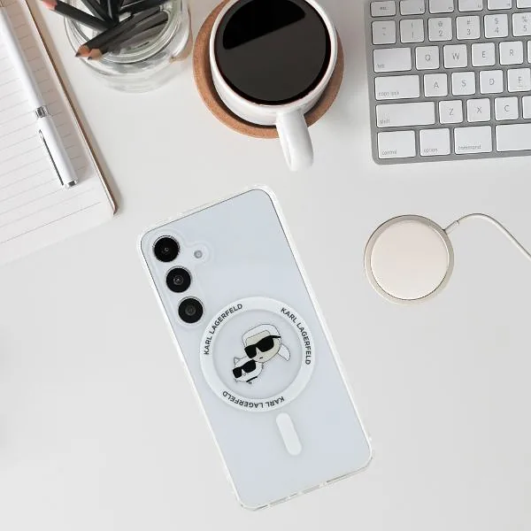 Karl Lagerfeldi ümbris Button Karl & Choupette peadega trükitud logo MagSafe Samsung Galaxy S25 valge