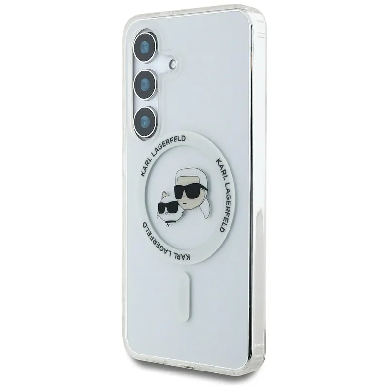 Karl Lagerfeldi ümbris Button Karl & Choupette peadega trükitud logo MagSafe Samsung Galaxy S25 valge
