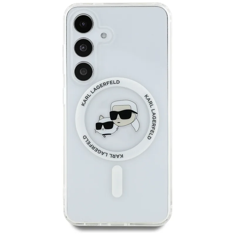 Karl Lagerfeldi ümbris Button Karl & Choupette peadega trükitud logo MagSafe Samsung Galaxy S25 valge