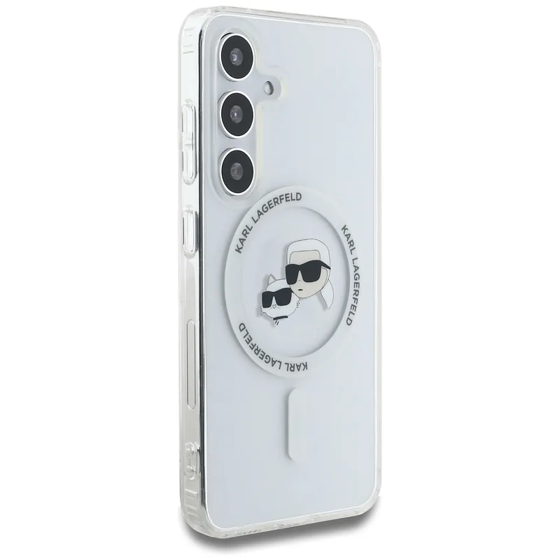 Karl Lagerfeldi ümbris Button Karl & Choupette peadega trükitud logo MagSafe Samsung Galaxy S25 valge