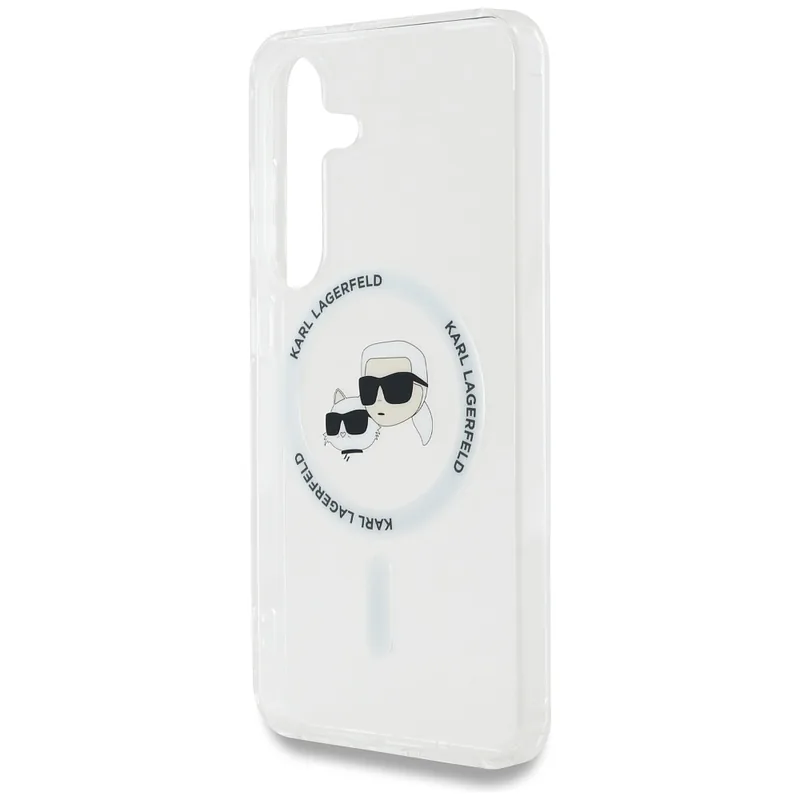 Karl Lagerfeldi ümbris Button Karl & Choupette peadega trükitud logo MagSafe Samsung Galaxy S25 valge