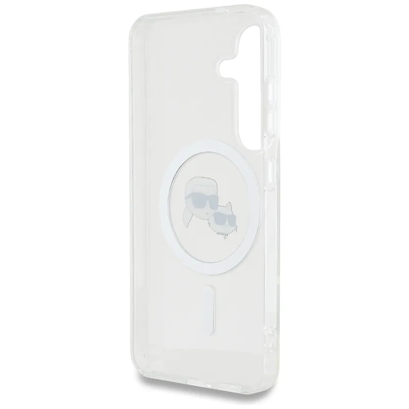 Karl Lagerfeldi ümbris Button Karl & Choupette peadega trükitud logo MagSafe Samsung Galaxy S25 valge