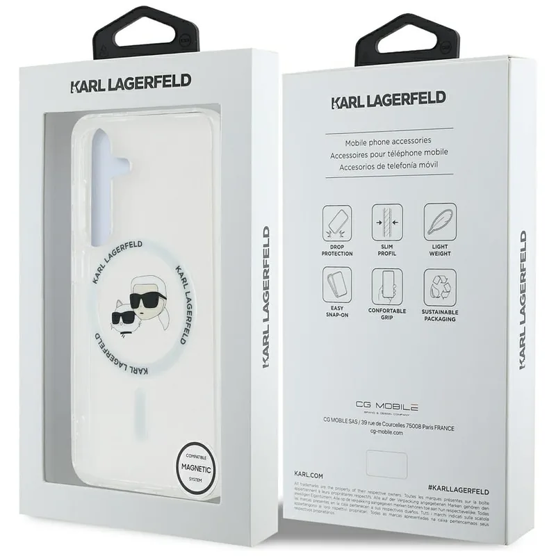 Karl Lagerfeldi ümbris Button Karl & Choupette peadega trükitud logo MagSafe Samsung Galaxy S25 valge
