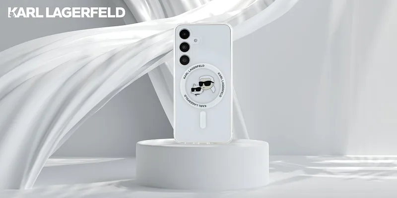 Karl Lagerfeldi ümbris Button Karl & Choupette peadega trükitud logo MagSafe Samsung Galaxy S25 valge