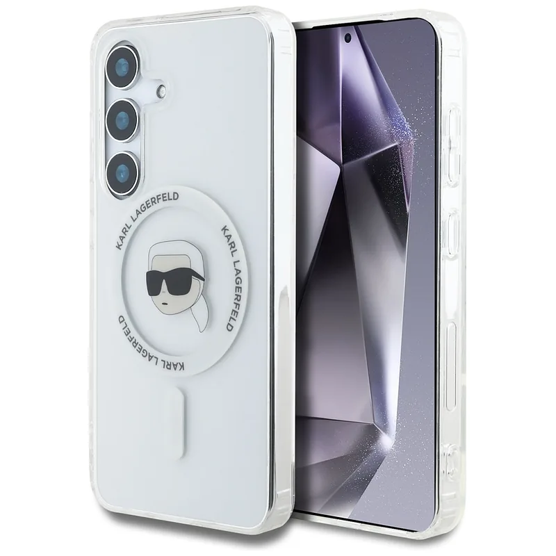 Karl Lagerfeldi peaga trükitud logo MagSafe kaitse Samsung Galaxy S25 valge