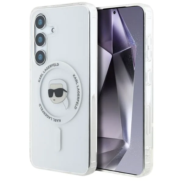 Karl Lagerfeldi peaga trükitud logo MagSafe kaitse Samsung Galaxy S25 valge