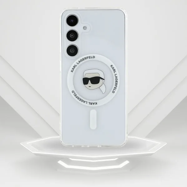 Karl Lagerfeldi peaga trükitud logo MagSafe kaitse Samsung Galaxy S25 valge