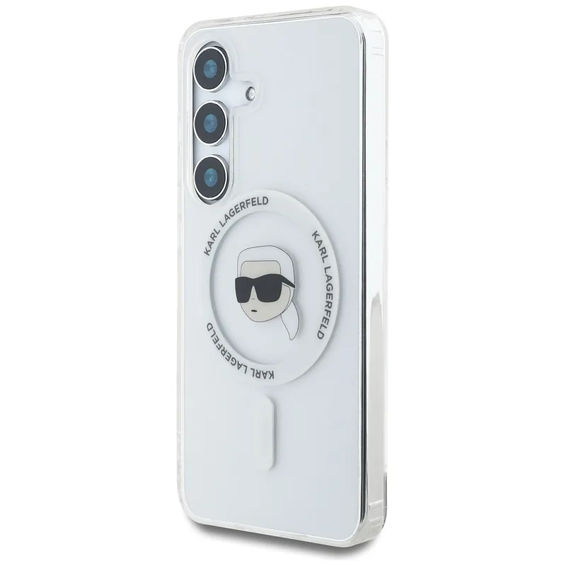 Karl Lagerfeldi peaga trükitud logo MagSafe kaitse Samsung Galaxy S25 valge