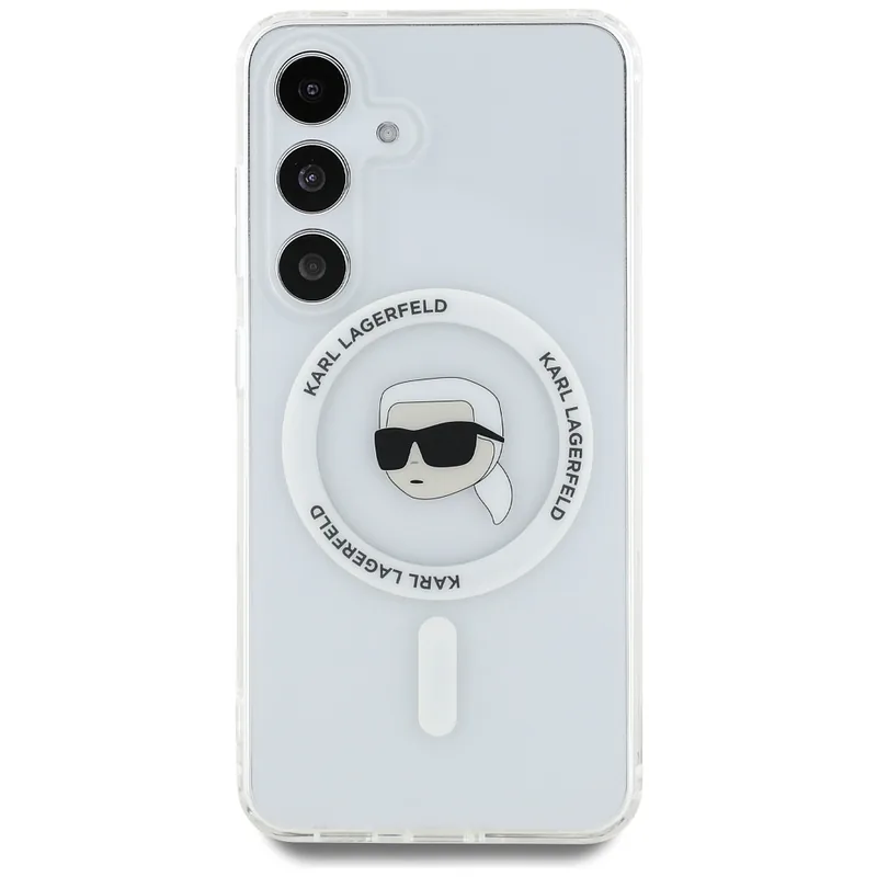 Karl Lagerfeldi peaga trükitud logo MagSafe kaitse Samsung Galaxy S25 valge