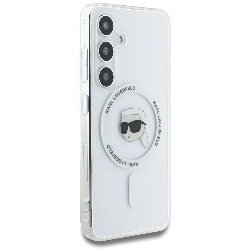 Karl Lagerfeldi peaga trükitud logo MagSafe kaitse Samsung Galaxy S25 valge