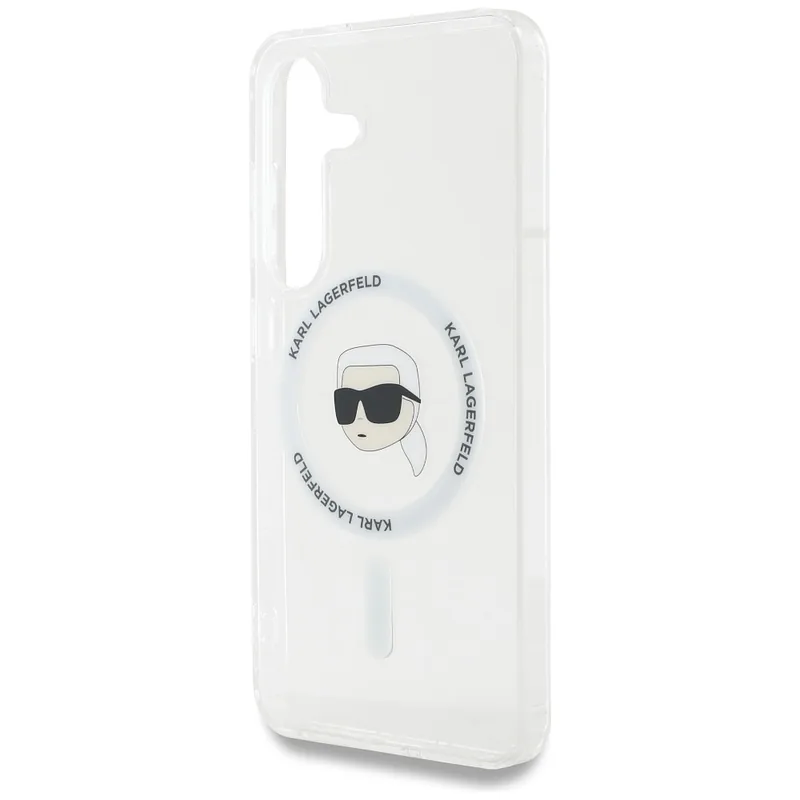 Karl Lagerfeldi peaga trükitud logo MagSafe kaitse Samsung Galaxy S25 valge