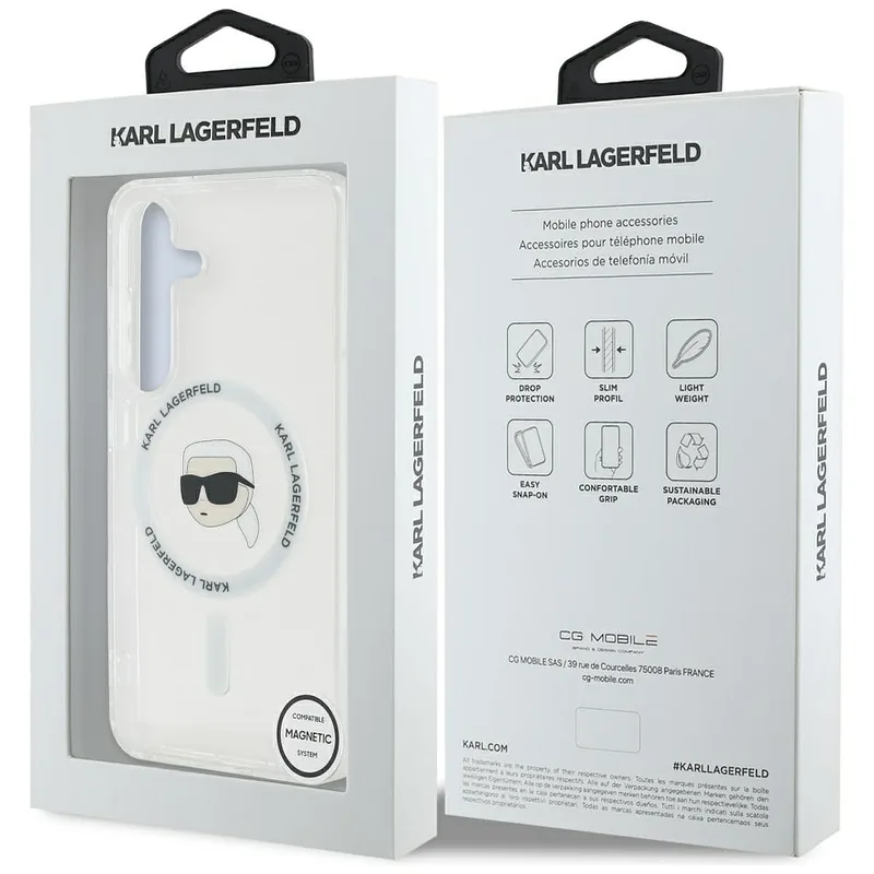 Karl Lagerfeldi peaga trükitud logo MagSafe kaitse Samsung Galaxy S25 valge