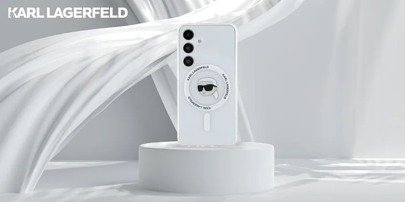 Karl Lagerfeldi peaga trükitud logo MagSafe kaitse Samsung Galaxy S25 valge