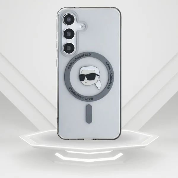 Karl Lagerfeldi peaga trükitud logo Button MagSafe kaitse Samsung Galaxy S25 must